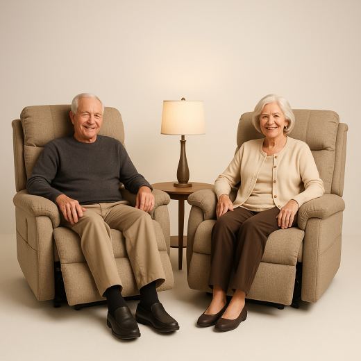 Two matching reclining lift chairs with a side table between them