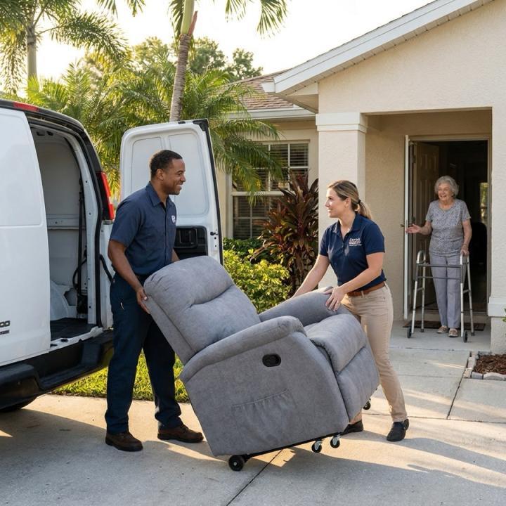 Delivery team member handing off a reclining lift chair rental to a customer at their front door