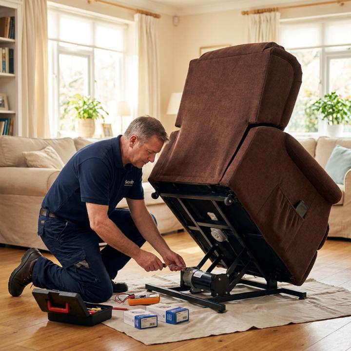 Certified technician repairing the motor and lift mechanism of a reclining lift chair