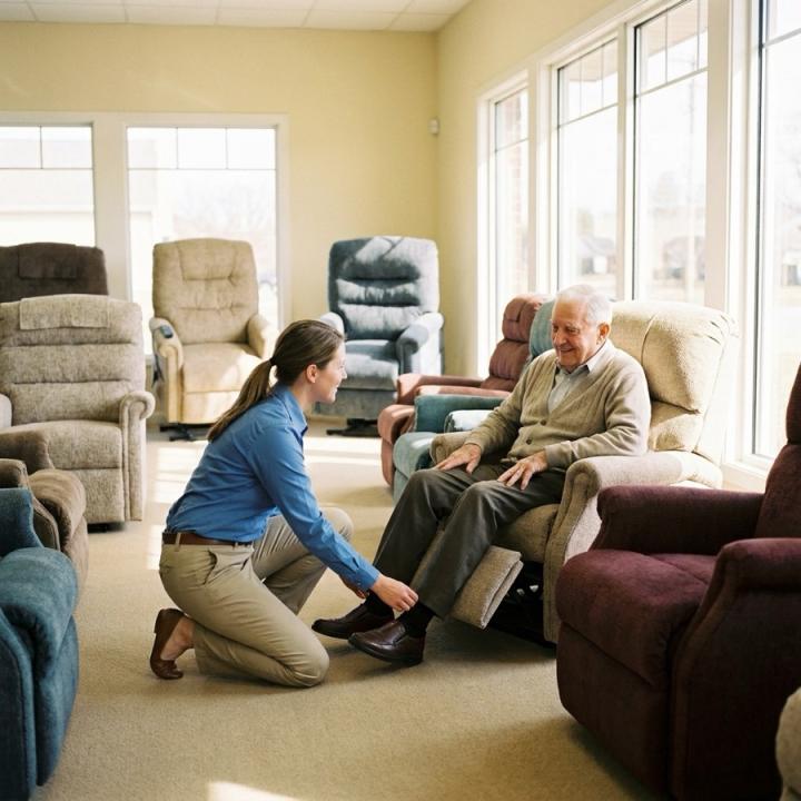 Showroom associate helping a customer try out and adjust a reclining lift chair for fit